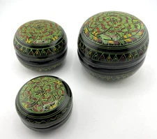Vintage Burmese Lacquerware Stacking Bowls Nesting Boxes Set of 3 Black Green Re
