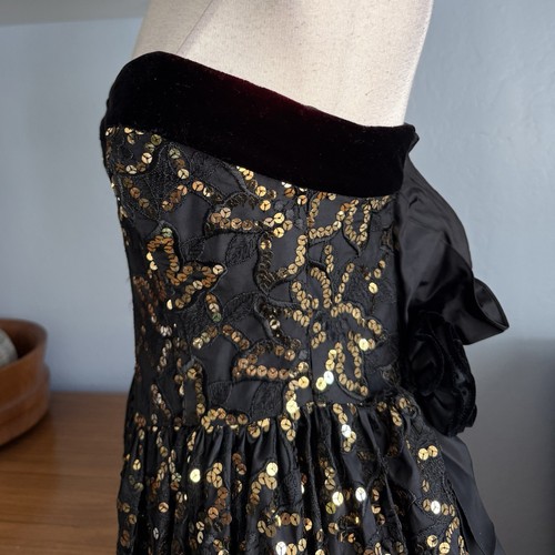 Vintage 80s Jessica McClintock Black w/ Gold Sequins Strapless Long Dress Sz S - Picture 11 of 11