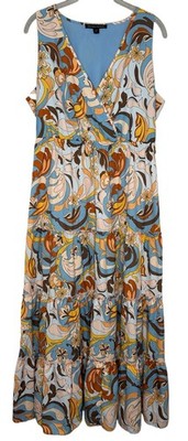 Boston Proper Womens Tiered Sleeveless V-Neck Midi Peasant Dress Size M Paisley