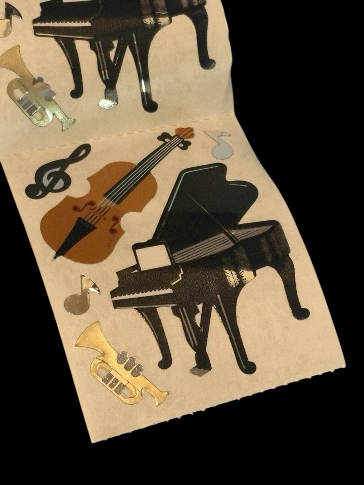 Винтажный Sandylion наклейки лот музыкальные ноты 3 панели фольга фортепиано скрипка труба - Изображение 3 из 3