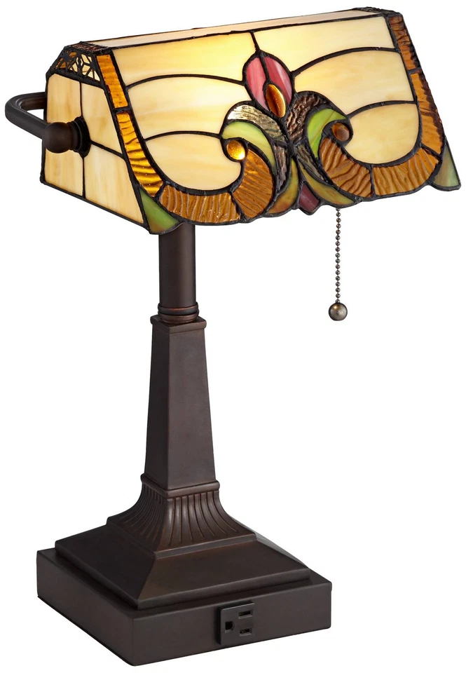 Traditional Piano Banker Desk Table Lamp 17" Outlet Bronze Tiffany Glass Bedroom - Image 2 of 4