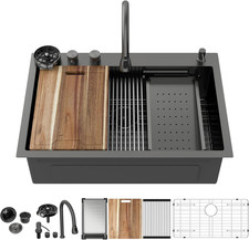 33" Black Stainless Steel Drop-in Kitchen Sink with Faucet Rinser