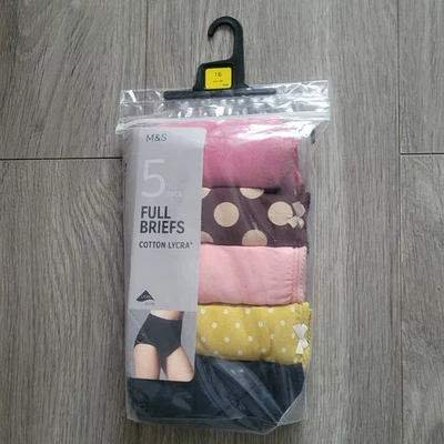 M&S Woman 5 Pack Cotton Lycra Full Brief Knickers Multicoloured Size 16 - Image 1 of 2