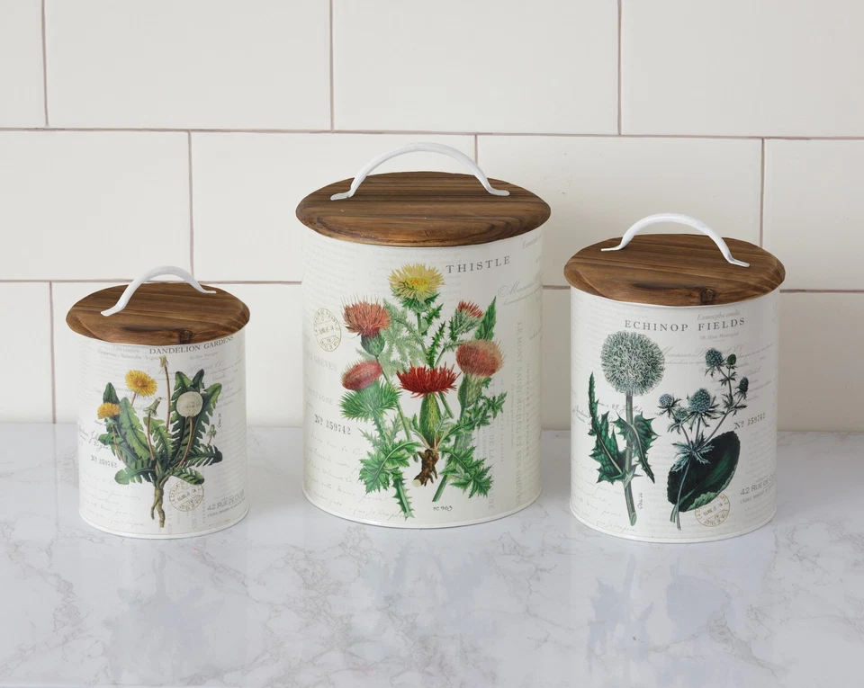 Scratch & Dent Set of 3 Wooden Top Botanical Design Metal Kitchen Canisters - Image 2 of 4