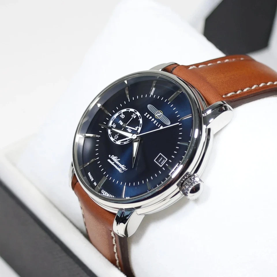 Reloj para hombre Zeppelin Atlantic automático esfera azul correa de cuero marrón 8470-3 Foto 3 de 4