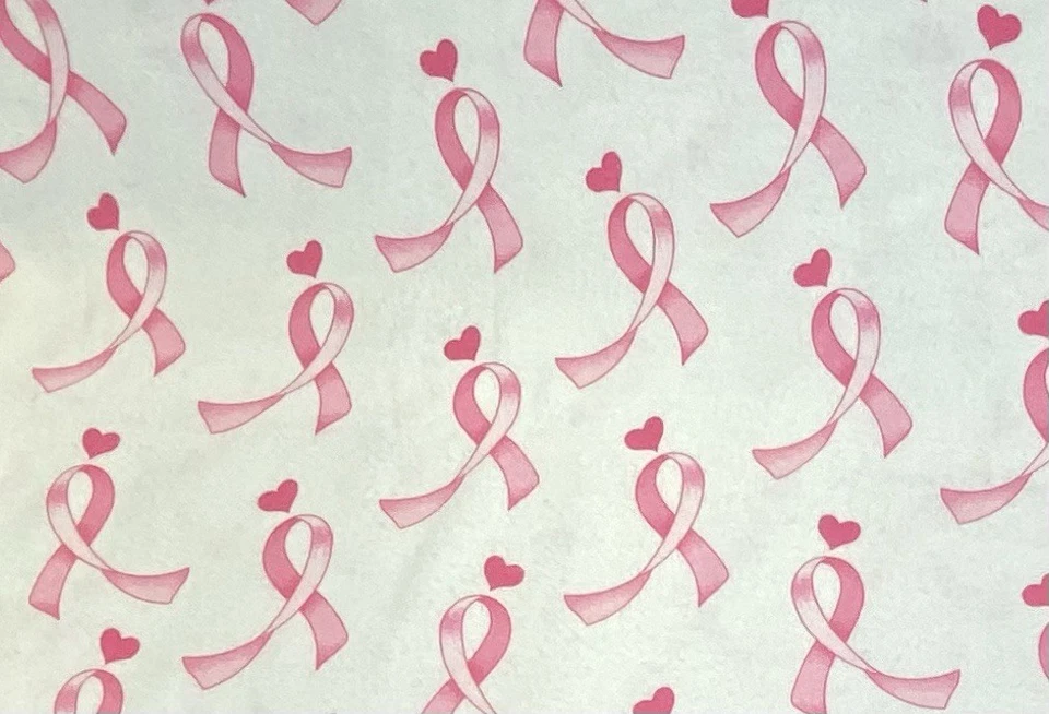 Pink Breast Cancer Awareness Ribbons on White Flannel Fabric, BTHY - Image 2 of 4