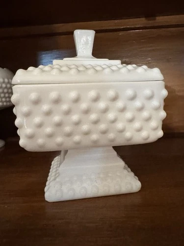 vintage Fenton Hobnail Milk Glass Covered Candy Dish