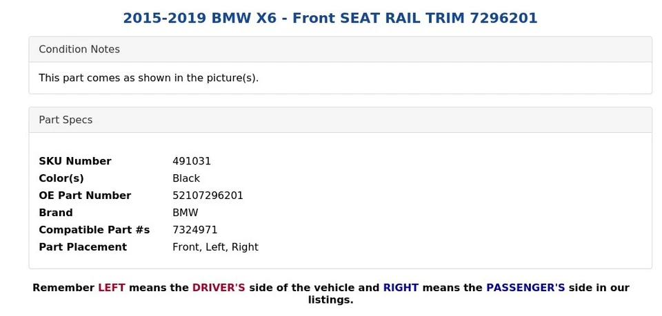 2015-2019 BMW X6 - Front SEAT RAIL TRIM 7296201 - Image 4 of 4