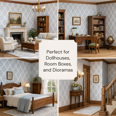 Dollhouse Wallpaper & Wood Trim Set   1:12 Scale Peel and Stick