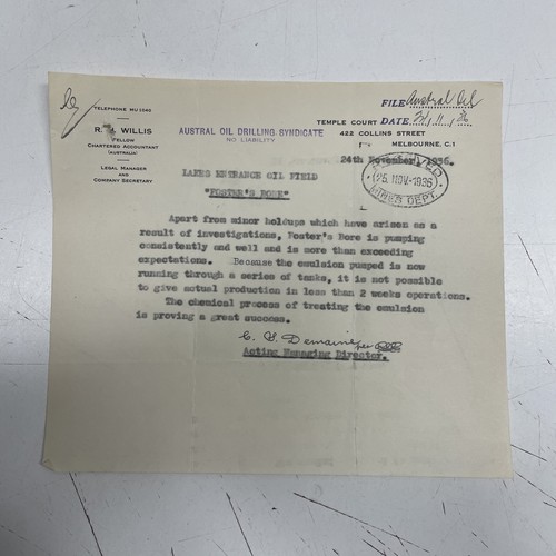 ORIGINAL VINTAGE Letter Document Oil Gippsland 1936 Austral Drill Fosters Bore