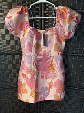 NWT Lulus So Stunning Orange Multi Floral Jacquard Puff Sleeve Mini Dress SMALL