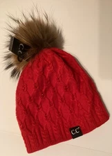 CC Exclusive Red Knit Hat Sequins Real Raccoon Fur Pom Pom one size NWT