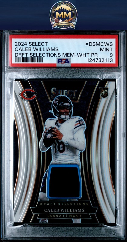2024 Panini Select Caleb Williams Draft Selections MEM RC White Prizm /75 PSA 9