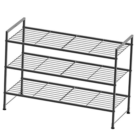 3-Tier Stackable Black Wired Grid Shoe Rack Storage Shelf