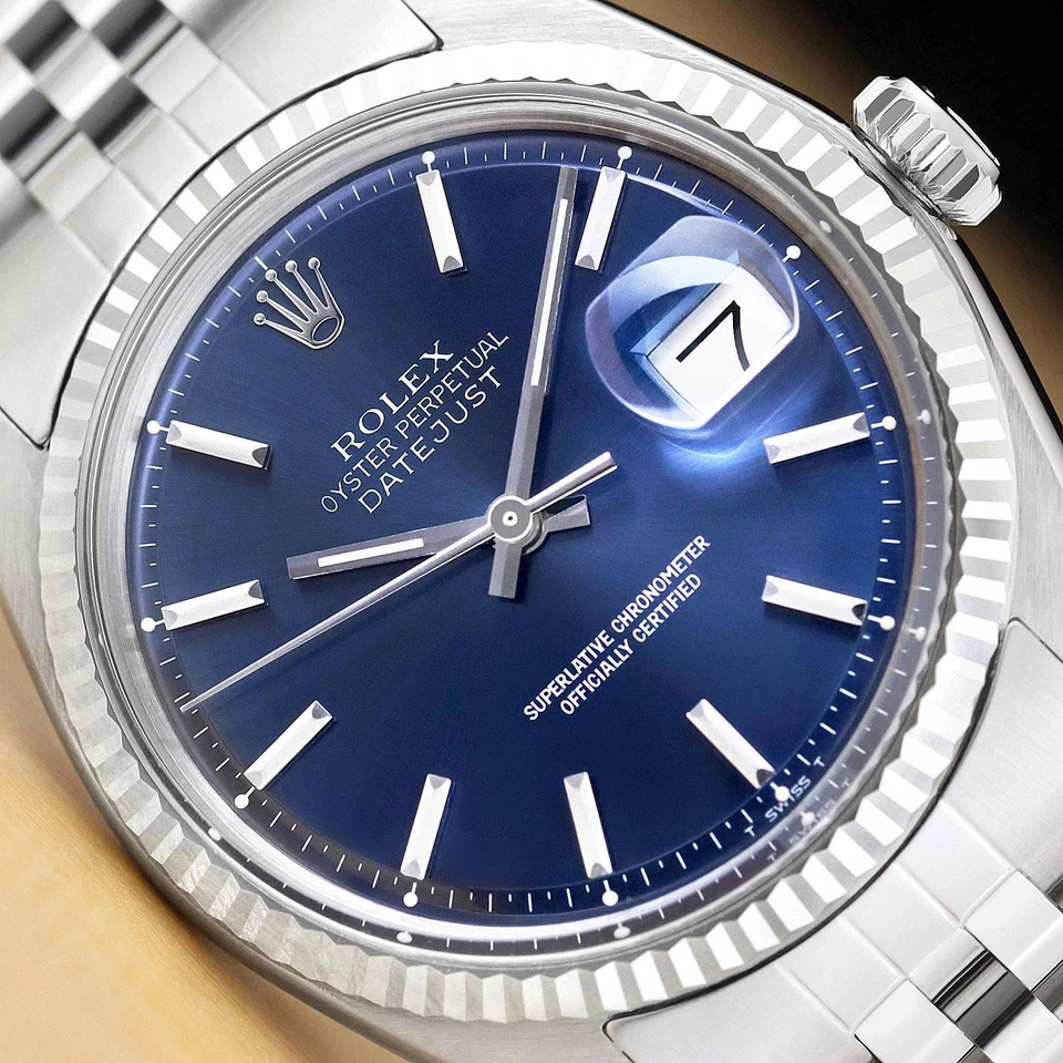 ROLEX MENS DATEJUST BLUE 18K WHITE GOLD STAINLESS STEEL WATCH w/ JUBILEE BAND