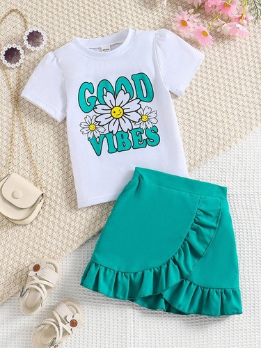 HSOXLQF Kids Toddler Girl Summer Clothes Letter Printed T-Shirt Top+ Floral S... - Picture 2 of 7