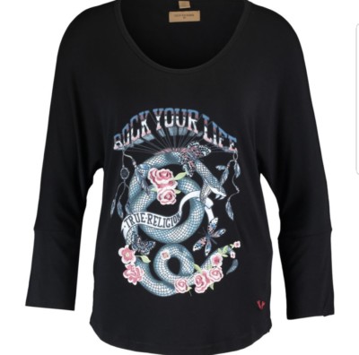 TRUE RELIGION DAMEN LANGARM OBERTEIL SCHWARZ - BLAU SCHLANGENMUSTER W17FT75E8G