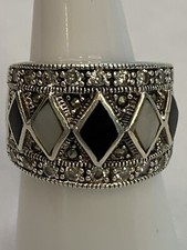 Vintage Sterling Silver Ring Cubic Zirconia Onyx Mother Of Pearl Size 7 A2