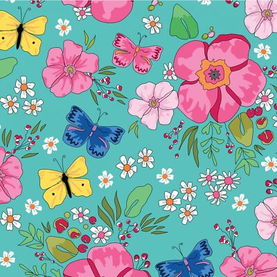 Fabric Butterflies and Flowers on Turquoise Cotton 1/4 YD  2869C-04