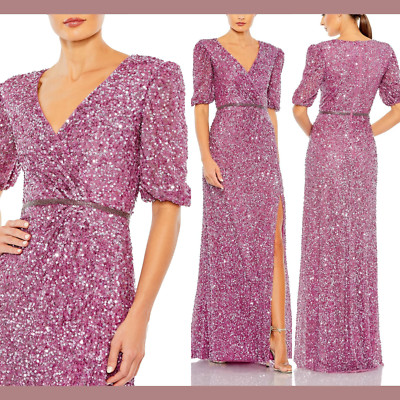 NWT Mac Duggal [ 16 ] 5610 V Neck Puff Sleeve Sequin Wrap Gown in Plum Pink J314