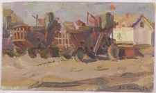 Vasili Karkots (1926-2003) "Kolkhoz Yard", Oil Painting, 1959 (1)