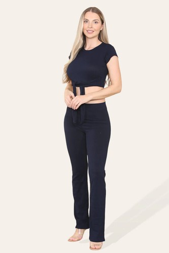 Women Ladies Tie Belt Crop Top Trouser Set Tracksuit Loungewear Jogsuit 2 Piece - Picture 18 of 20