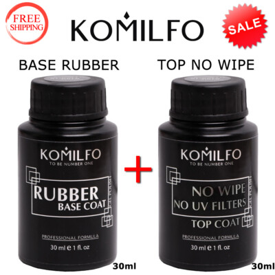 SALE! KOMILFO Rubber BASE 30ml. + TOP NO WIPE 30ml. Gel Polish LED/UV Soak Off