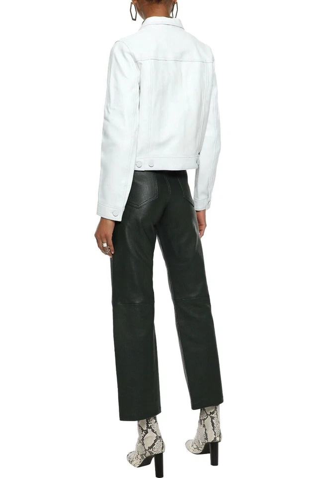 Mujeres 100% Piel de Cordero Real Cuero Camionero Chaqueta Blanca Denim Estilo Motociclista Camisa Foto 3 de 4