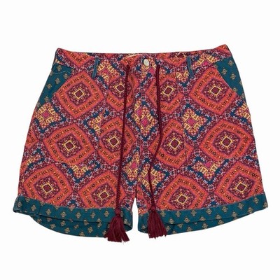 Sundance Kalini Linen Boho Shorts Tassel Drawstring Geometric Print Medium