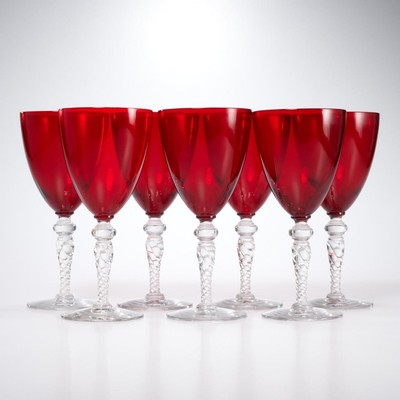 Vintage Cranberry Ruby Glasses Clear Spiral Set of 7 Wine 7.5''h Bohemian