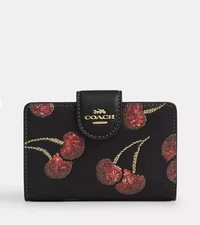 Coach Medium Corner Zip Wallet With Cherry Print Gold/Black Multi CDF10