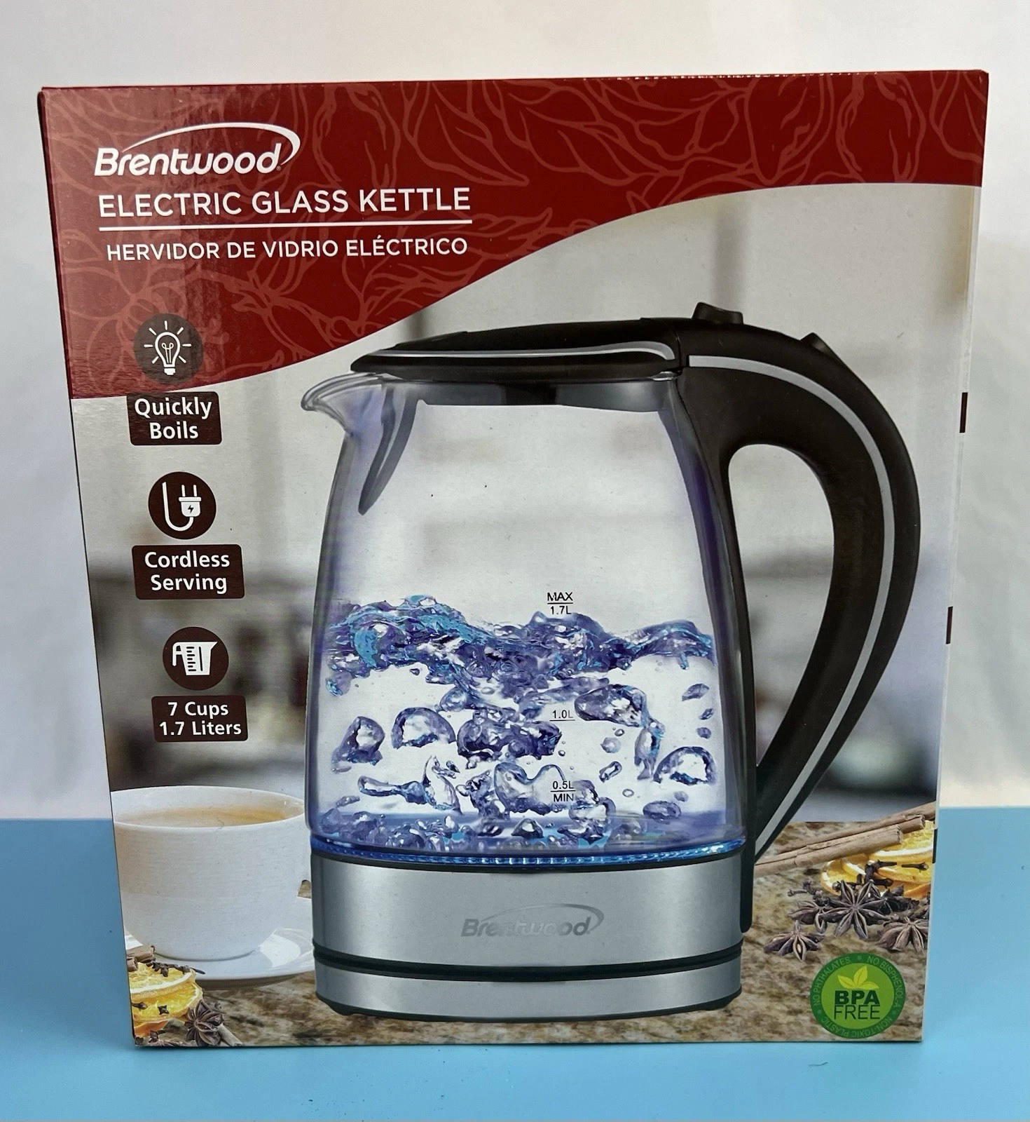 Brentwood 1.7L Tempered Glass Tea Kettle in Black