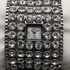Accutime Kessaris Watch Womens 39mm Wide Silver Tone Crystals New Battery 6"