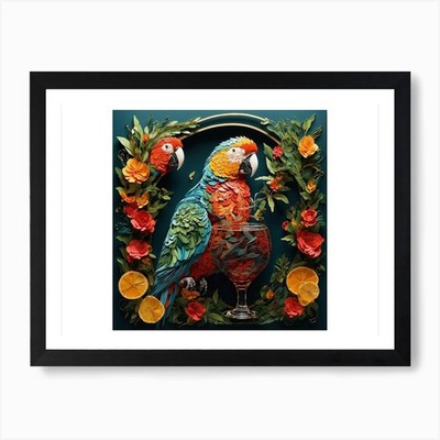 Papagei mit einem Glas Wein Kunst Pri gerahmtes Wandbild Poster Leinwanddruck Bild