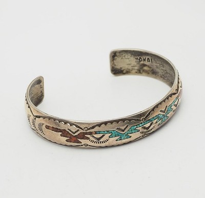 Sterling silver turquoise coral bird motif Native American Navajo