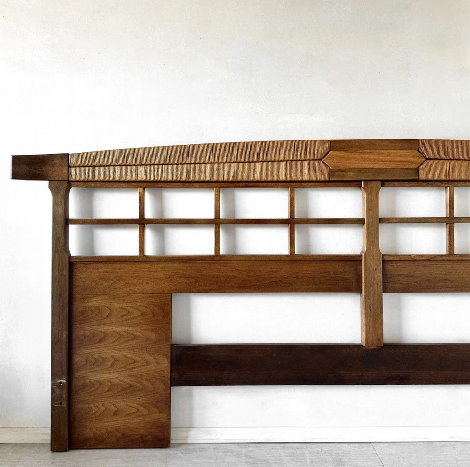 Cabecero MCM Walnut & Rush tamaño king mediados de siglo danés moderno cama de madera Foto 3 de 3