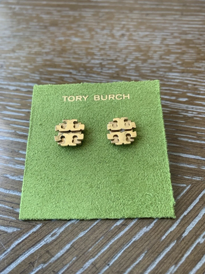 AUTHENTIC TORY BURCH LARGE LOGO GOLD TONE STUD EARRINGS WITH POUCH - Image 2 of 2