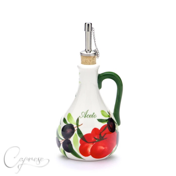 Bassano Ceramic Hand Painted Vinegar Bottle 5 1/8in Tomatoes With Olive Motif