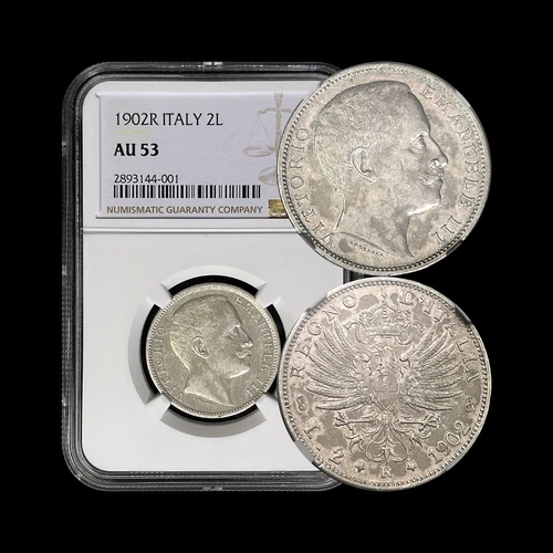 ITALY. 1902, 2 Lire, Silver - NGC AU53 - VEIII, Savoy Eagle