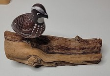 Vintage Hand Painted Wood Bird Quail on 7" Driftwood Base Metal Legs