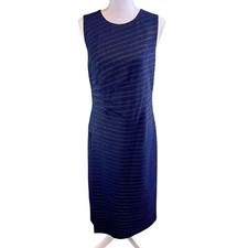 SHOSHANNA Blue Gold Sheath Dress Sz 10 Ruched Office Career Job Interview Luxury