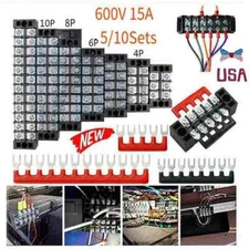 600V 15A Dual Row Screw Terminal Block Terminal Barrier Strip 4/6/8/10P 5/10 Set
