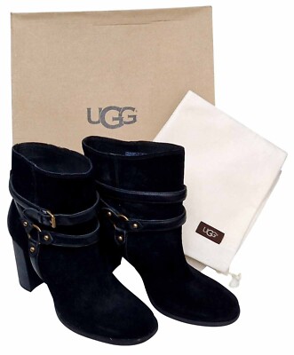 UGG schwarze Wildleder Stiefeletten Dandridge (E) Riemen geschnallt hoher Absatz Damen UK 8,5