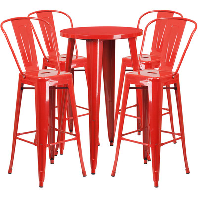 24''Round Red Metal Indoor-Outdoor Restaurant Bar Table Set w/4 Cafe Barstool