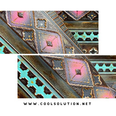 Embossed Leather Sheet Navajo Chocolate Magenta Hand-Painted, Cowhide Embossed