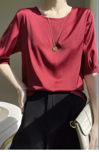 Women's Summer Round Neck Silk T-shirt Half Sleeved Shirt Loose Bottomed Top - Picture 7 of 22