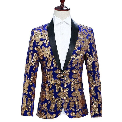 Men Sequin Shawl Lapel Suit Jacket Velvet Floral Blazer Wedding Prom Coat Tops - Picture 7 of 21