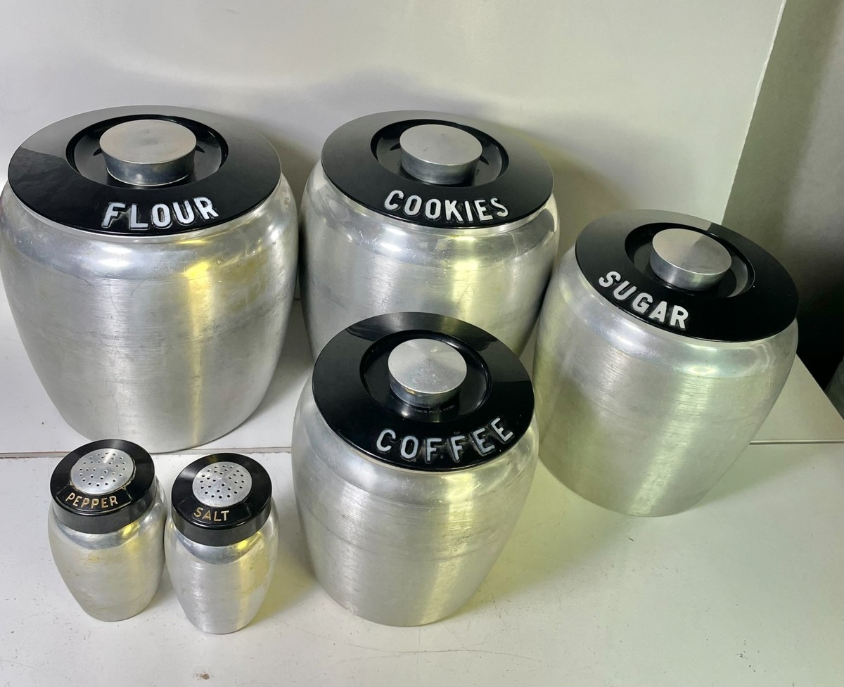 Vintage Kromex 6 Piece Spun Aluminum Beehive Canister Set Flour