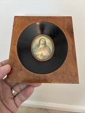 Antique Italian Sacred Heart Of Jesus Wood Christian Miniature Wall Plaque