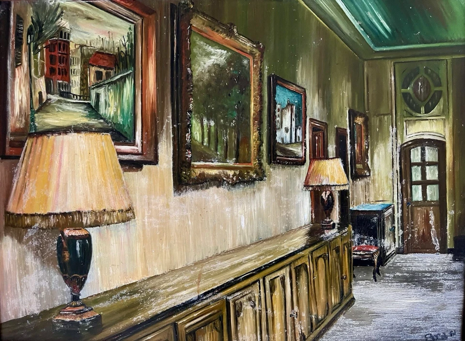 Ancien tableau scène d’intérieur portrait maison atelier peinture art moderne XX - Photo 3/4